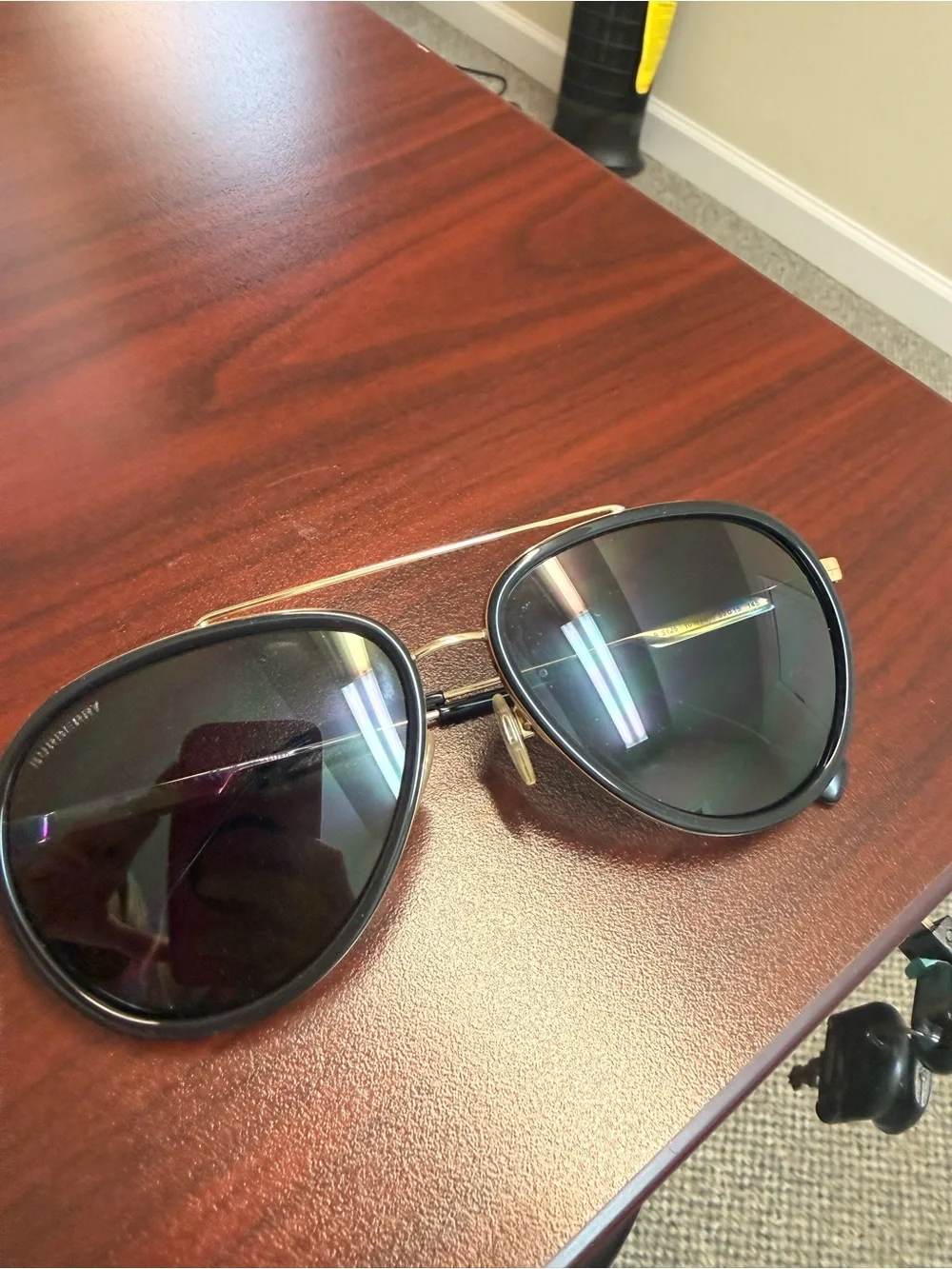 Burberry Gold Frame Sunglasses with Black and Red Stripe Accents